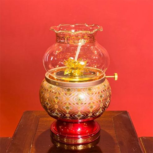 Đèn Dầu Thờ Đồng Hoa Văn Đỏ Vẽ Gấm Cao Cấp DT418