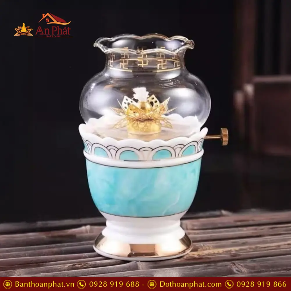 Đèn Thờ Dầu Sứ Giả Đá Xanh Dương Nhập Khẩu DT543
