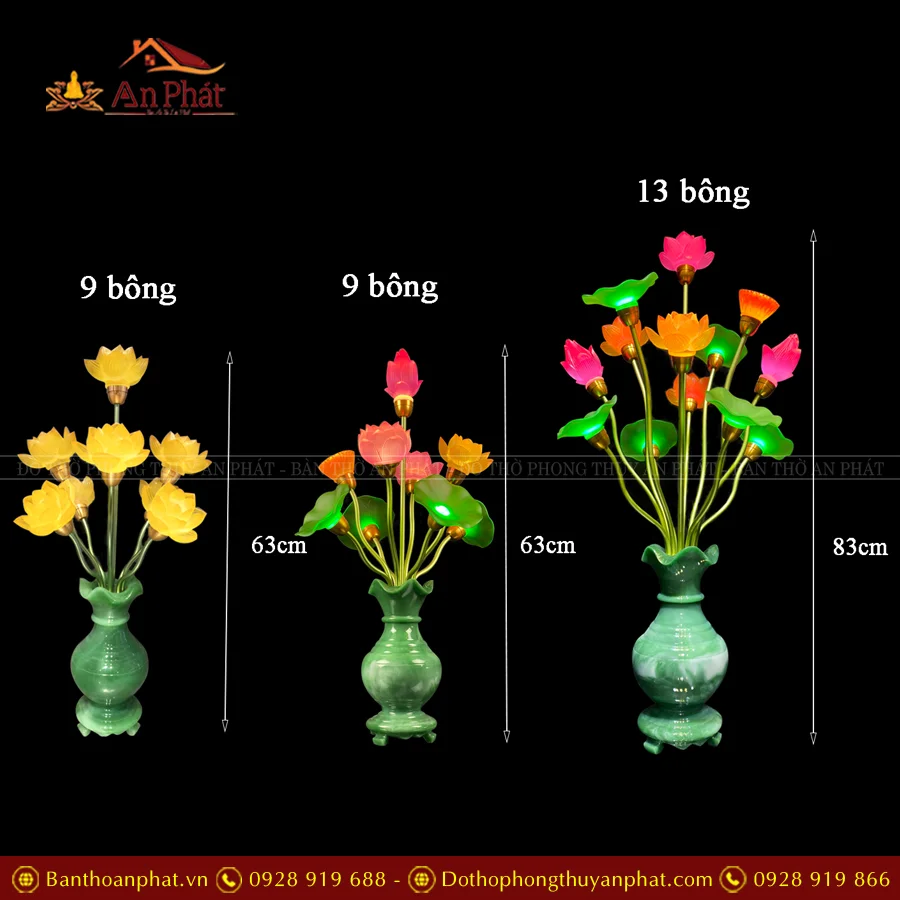 Mẫu đèn hoa sen bình ngọc nhiều màu và đa dạng mẫu mã 7 bông - 9 bông - 13 bông - 19 bông