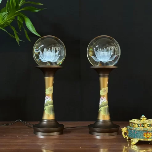 Đèn thờ điện cầu hoa sen thân đồng in hoa DTD1400 An Phát