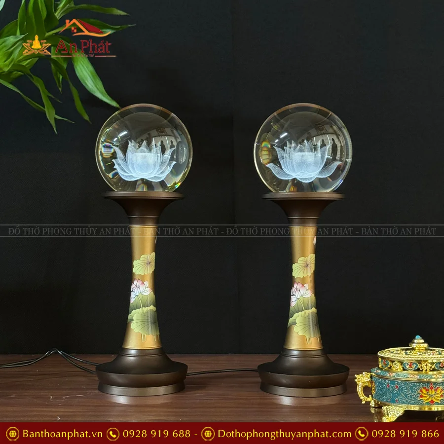 Đèn thờ điện cầu hoa sen thân đồng in hoa DTD1400 27 Đèn thờ điện cầu hoa sen thân đồng in hoa DTD1400 An Phát