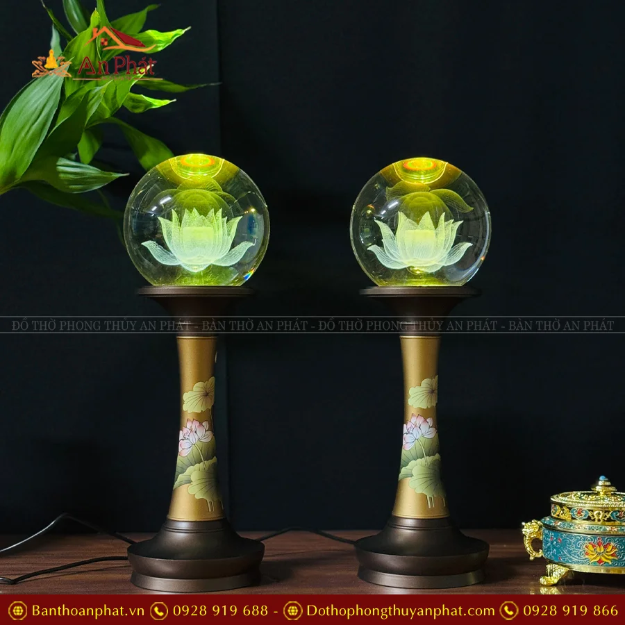 Đèn thờ điện cầu hoa sen thân đồng in hoa DTD1400 39 Đèn thờ cúng bằng điện cao cấp