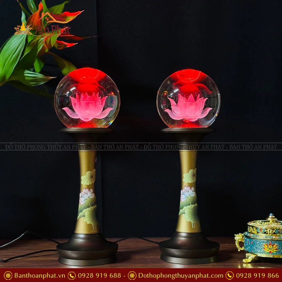 Đèn thờ điện cầu hoa sen thân đồng in hoa DTD1400 38 Đèn thờ hoa sen pha lê thân đồng