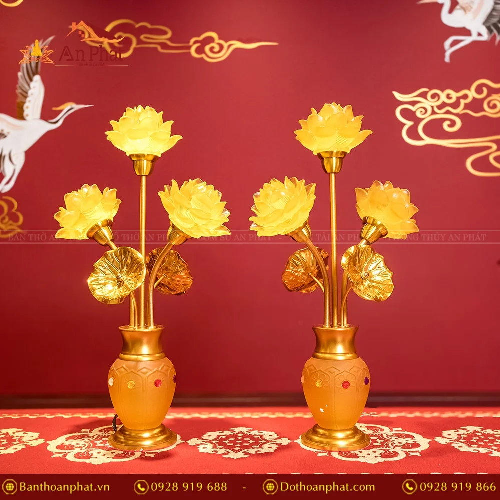 Đèn thờ điện hoa sen lưu ly cao cấp DTD1358 24 Đèn thờ hoa sen lưu ly 3 bông