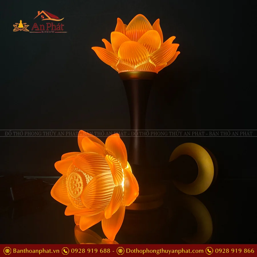 Đèn thờ điện hoa sen lưu ly nở thân đồng DTD1412 14 Đèn thờ cúng cao cấp nhập khẩu Đài Loan