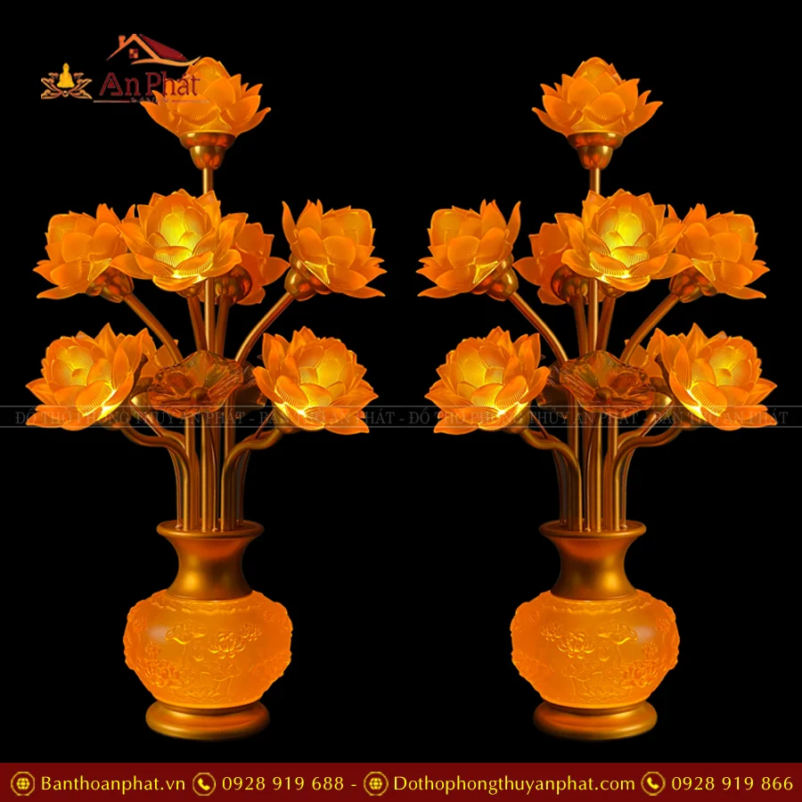 Đèn thờ điện hoa sen thịnh thế 9 bông có lá sen