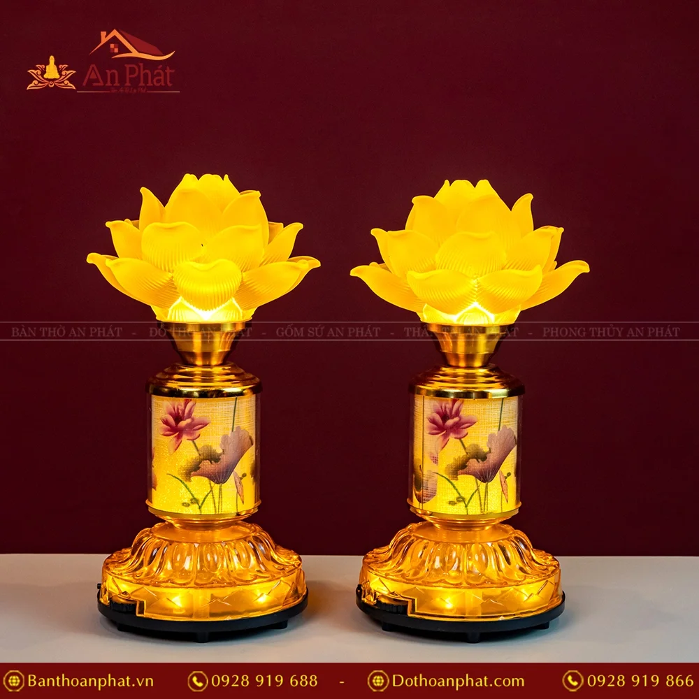 Đèn thờ điện lưu ly 1 bông thân hợp kim DTD1370 14 Đèn thờ cúng lưu ly hoa sen