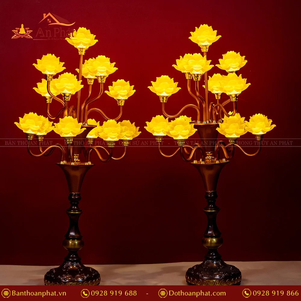 Đèn thờ điện lưu ly nhiều bông thân hợp kim DTD1372 16 Đèn thờ điện lưu ly 9 bông thân hợp kim - Màu vàng DTD1372 An Phát