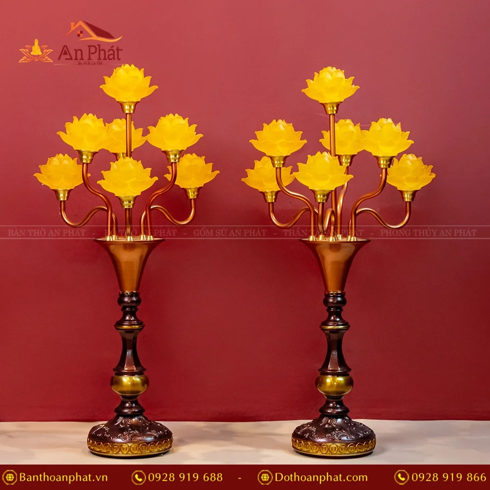 Đèn thờ điện lưu ly nhiều bông thân hợp kim DTD1372 20 Đèn thờ điện lưu ly 7 bông thân hợp kim - Màu vàng DTD1372 An Phát