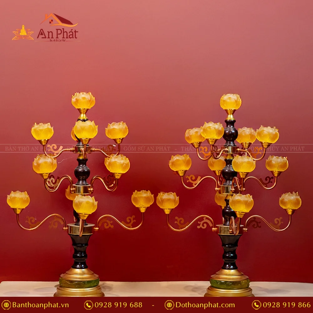 Đèn thờ điện lưu ly nhiều bông thân hợp kim DTD1372 21 Đèn thờ điện lưu ly 13 bông thân hợp kim - Màu vàng DTD1372