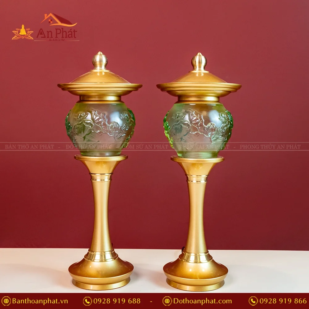 Đèn thờ điện lưu ly tròn có mái trụ hợp kim DTD1380 29 Đèn thờ điện lưu ly tròn 1 cầu có mái trụ hợp kim - Màu xanh DTD1380 An Phát
