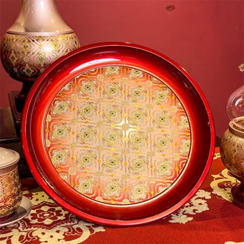 Đĩa Bồng Đồng Hoa Văn Đỏ Vẽ Gấm Cao Cấp DT415