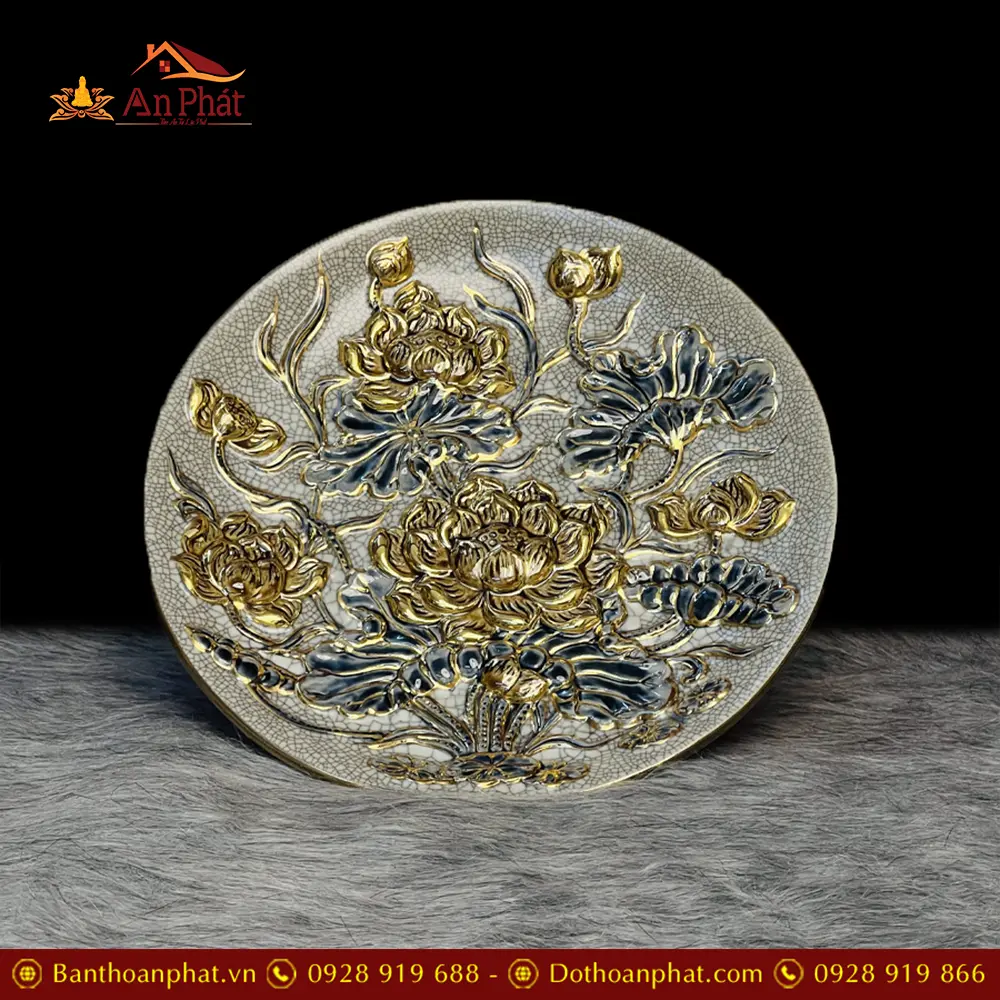 Đĩa Thờ Bồng Bát Tràng Men Rạn Vẽ Vàng 24K DT635