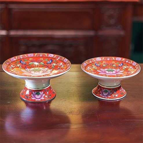 Đĩa Thờ Sứ Gấm Đỏ Hoa Sen DT480
