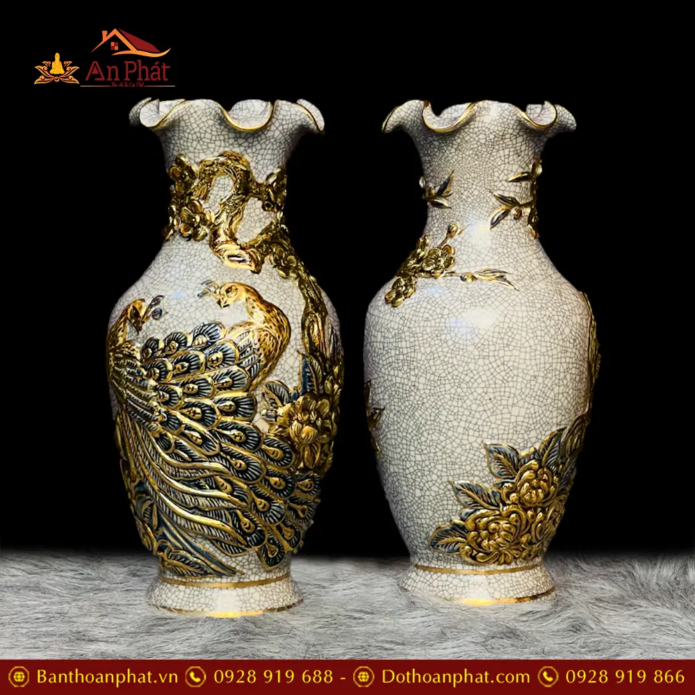 Lọ Hoa Bát Tràng Men Rạn Công Đào Vẽ Vàng 24K Miệng Lượn DT636 7 Lọ Hoa Bát Tràng Men Rạn Công Đào Vẽ Vàng 24K Miệng Lượn DT636