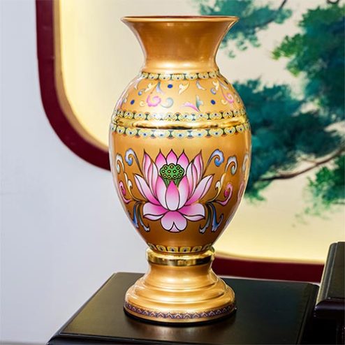 Lọ Hoa Hợp Kim Gấm Hoa Sen Vàng Cao Cấp DT386