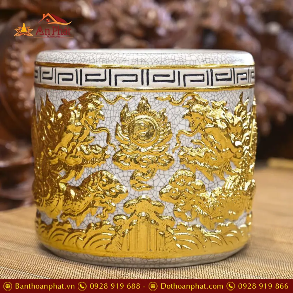 Bát Hương Bát Tràng Men Rạn Rồng Dát Vàng DT688 15 Bát Hương Bát Tràng Men Rạn Rồng Dát Vàng DT688
