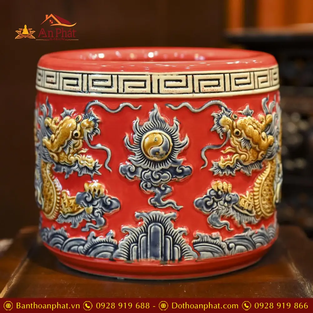 Bát Hương Gốm Bát Tràng Men Đắp Nổi Rồng Đỏ DT684 15 Bát Hương Gốm Bát Tràng Men Đắp Nổi Rồng Đỏ DT684