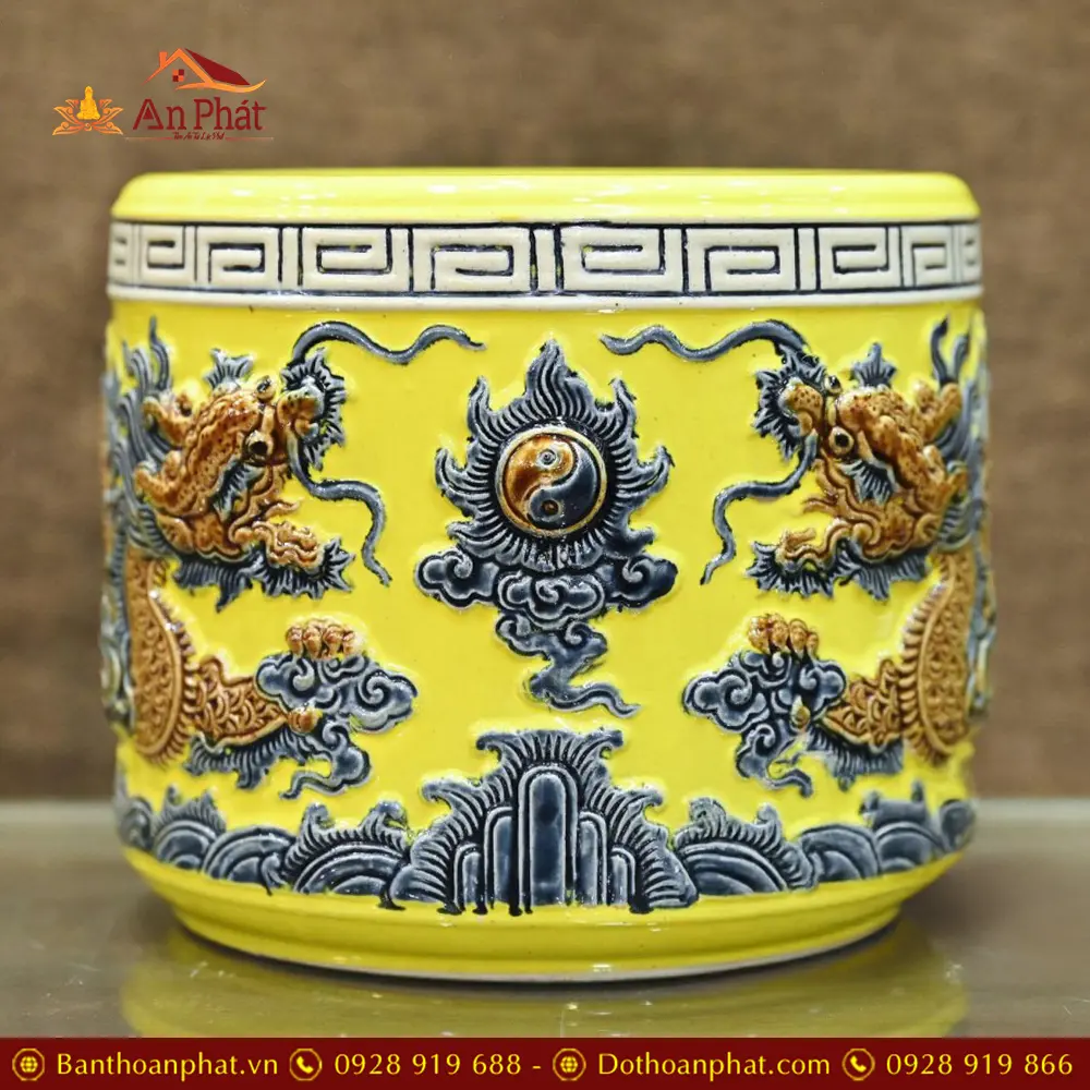 Bát Hương Sứ Bát Tràng Men Vàng Rồng Đắp Nổi DT683 11 Bát Hương Sứ Bát Tràng Men Vàng Rồng Đắp Nổi DT683