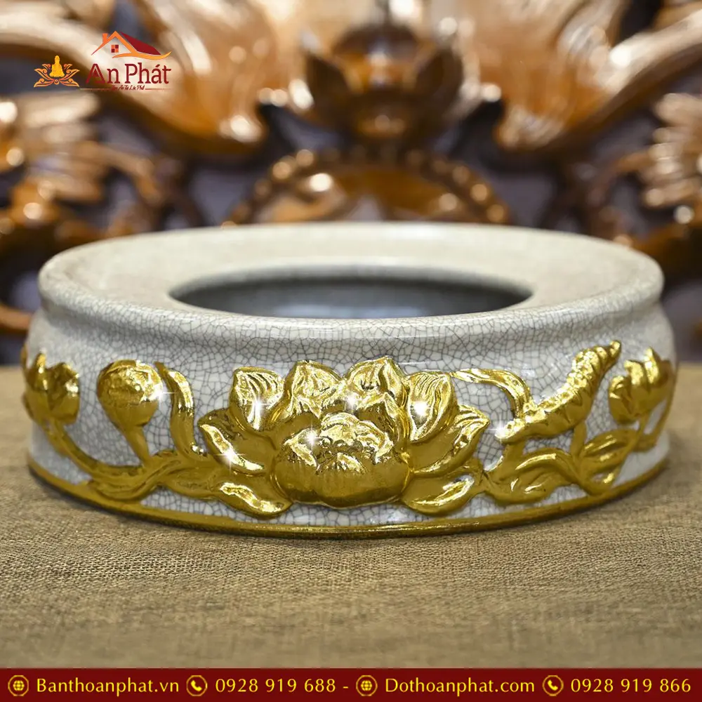 Đế Bát Hương Hoa Sen Men Rạn Đắp Nổi Dát Vàng DT691 13 Đế Bát Hương Hoa Sen Men Rạn Đắp Nổi Dát Vàng DT691