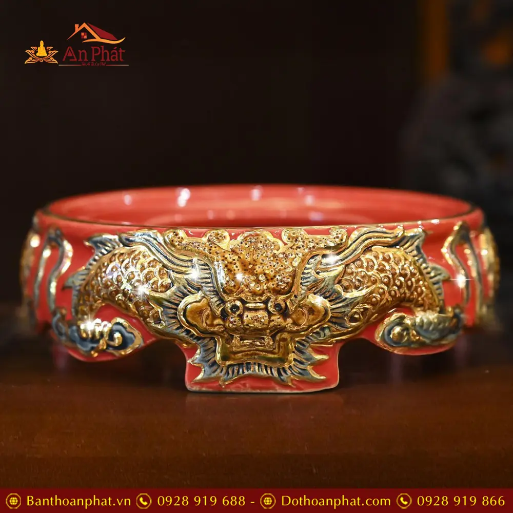 Đế Kê Bát Hương Gốm Men Đỏ Đắp Nổi Rồng Vẽ Vàng DT667 7 Đế Kê Bát Hương Gốm Men Đỏ Đắp Nổi Rồng Vẽ Vàng DT667