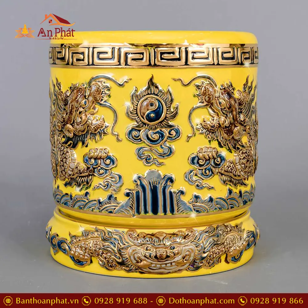Đế Kê Bát Hương Gốm Men Vàng Đắp Nổi Rồng Vẽ Vàng DT666 3 Đế Kê Bát Hương Gốm Men Vàng Đắp Nổi Rồng Vẽ Vàng DT666
