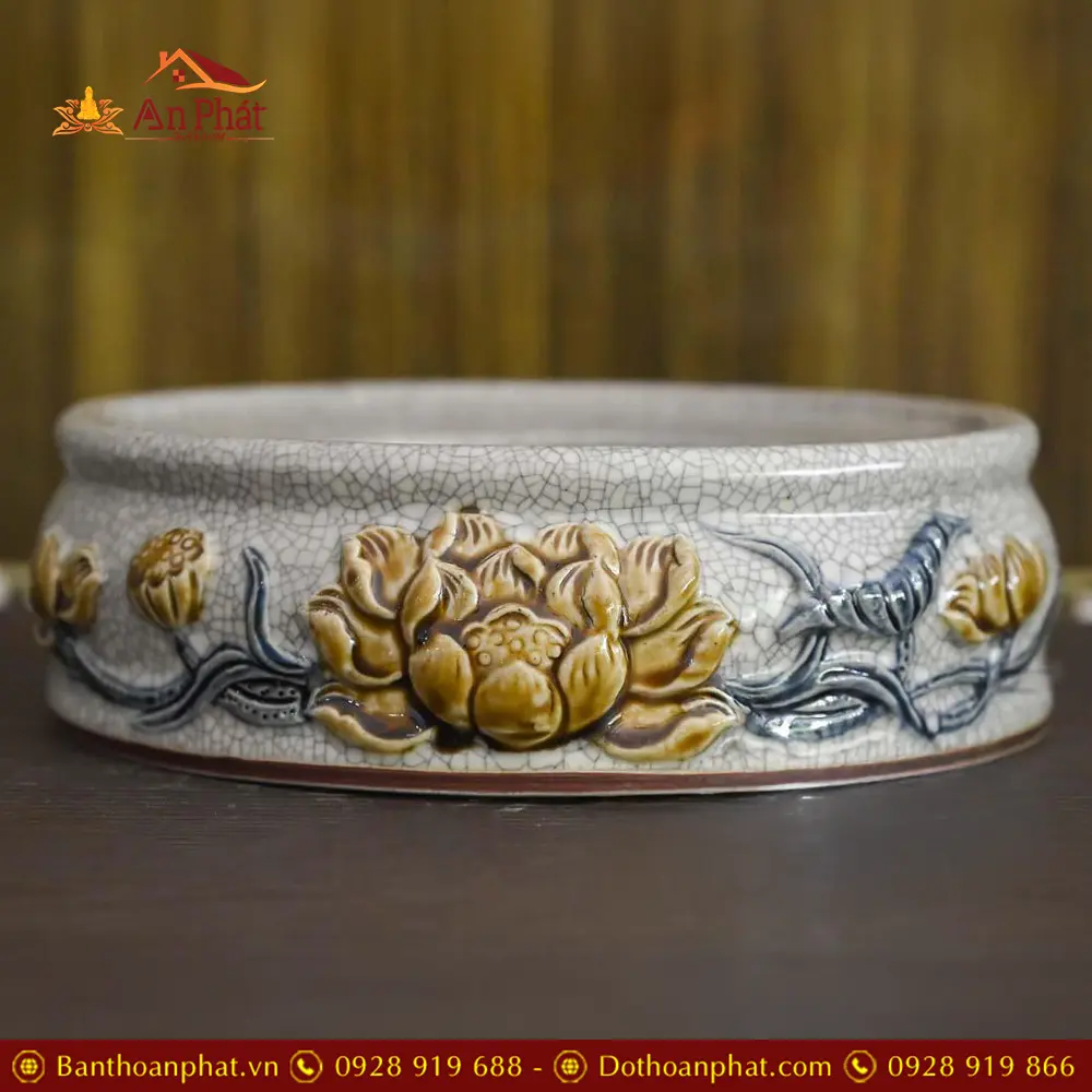 Đế Kê Bát Hương Men Rạn Hoa Sen Đắp Nổi DT675 13 Đế Kê Bát Hương Men Rạn Hoa Sen Đắp Nổi DT675