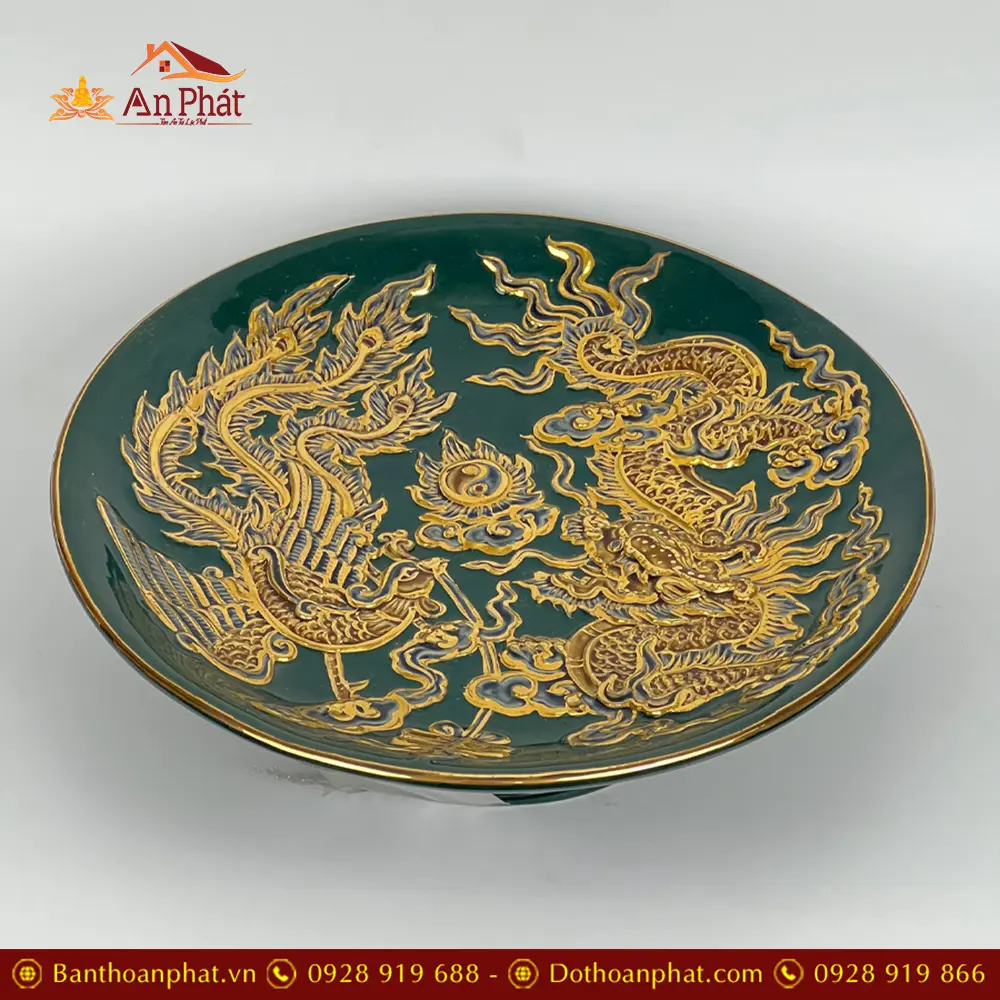 Đĩa Thờ Men Đắp Nổi Rồng Xanh Vẽ Vàng Gốm Bát Tràng DT657 5 Đĩa Thờ Men Đắp Nổi Rồng Xanh Vẽ Vàng Gốm Bát Tràng DT657