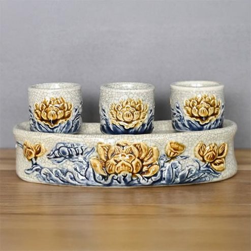 Kỷ Chén Cong Men Rạn Đắp Nổi Gốm Sứ Bát Tràng DT781