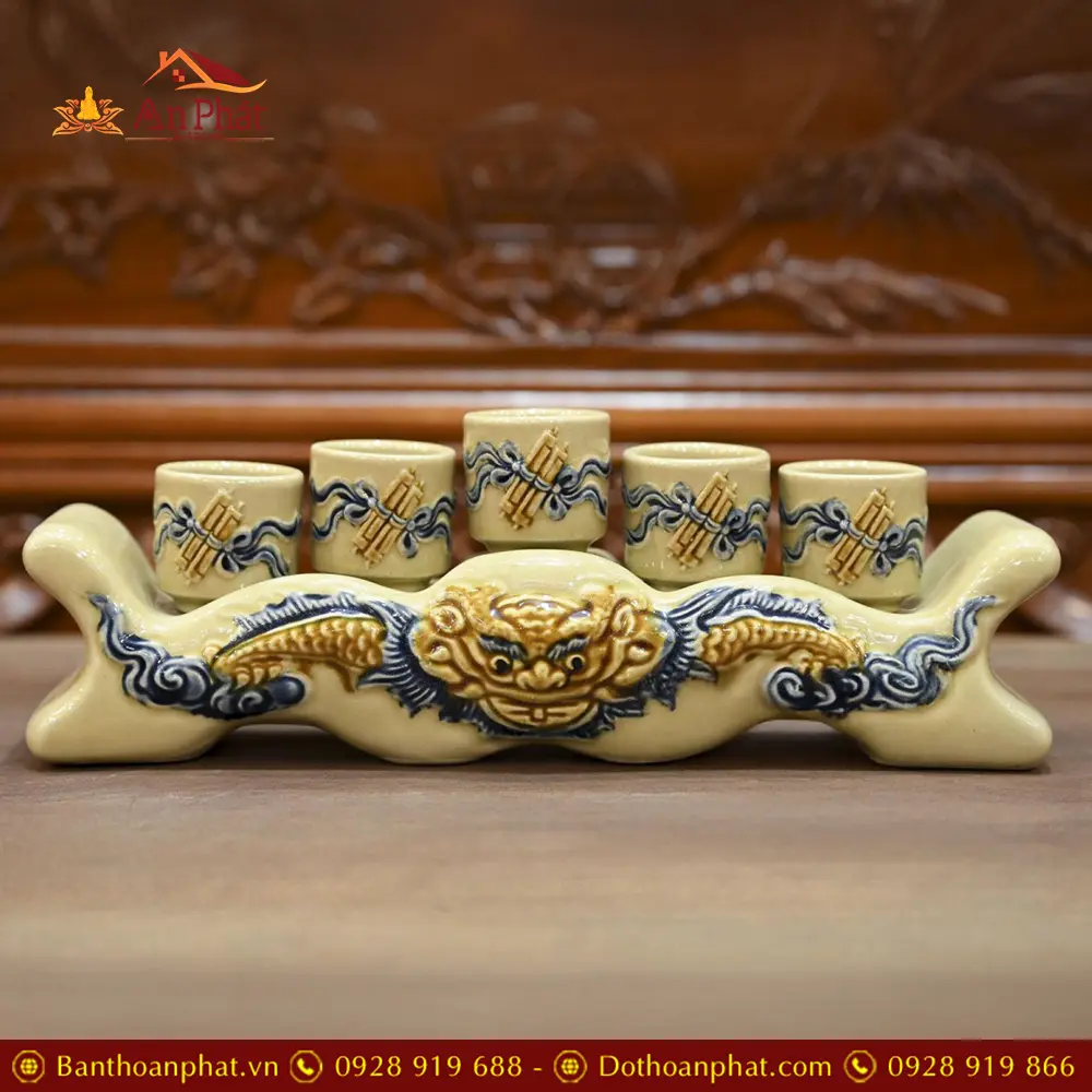 Kỷ Chén Ngai Hoàng Thổ Đắp Nổi Bát Tràng DT786 6 Kỷ Chén Ngai Hoàng Thổ Đắp Nổi Bát Tràng DT786