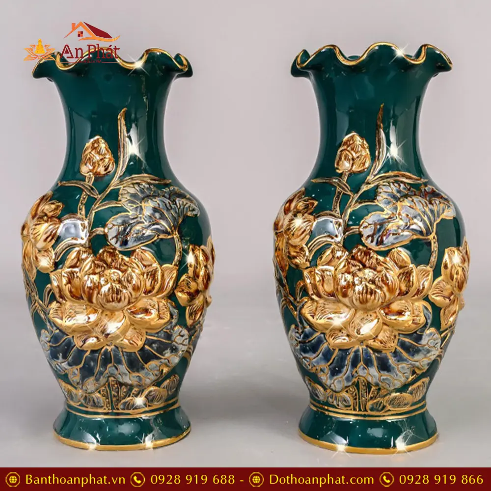 Lọ Hoa Bát Tràng Gốm Xanh Đắp Nổi Hoa Sen Vẽ Vàng DT719 3 Lọ Hoa Bát Tràng Gốm Xanh Đắp Nổi Hoa Sen Vẽ Vàng DT719