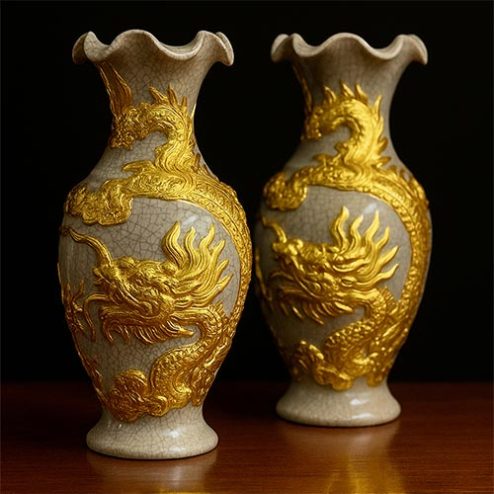 Lọ Hoa Bát Tràng Miệng Lượn Đắp Nổi Rồng Dát Vàng DT711