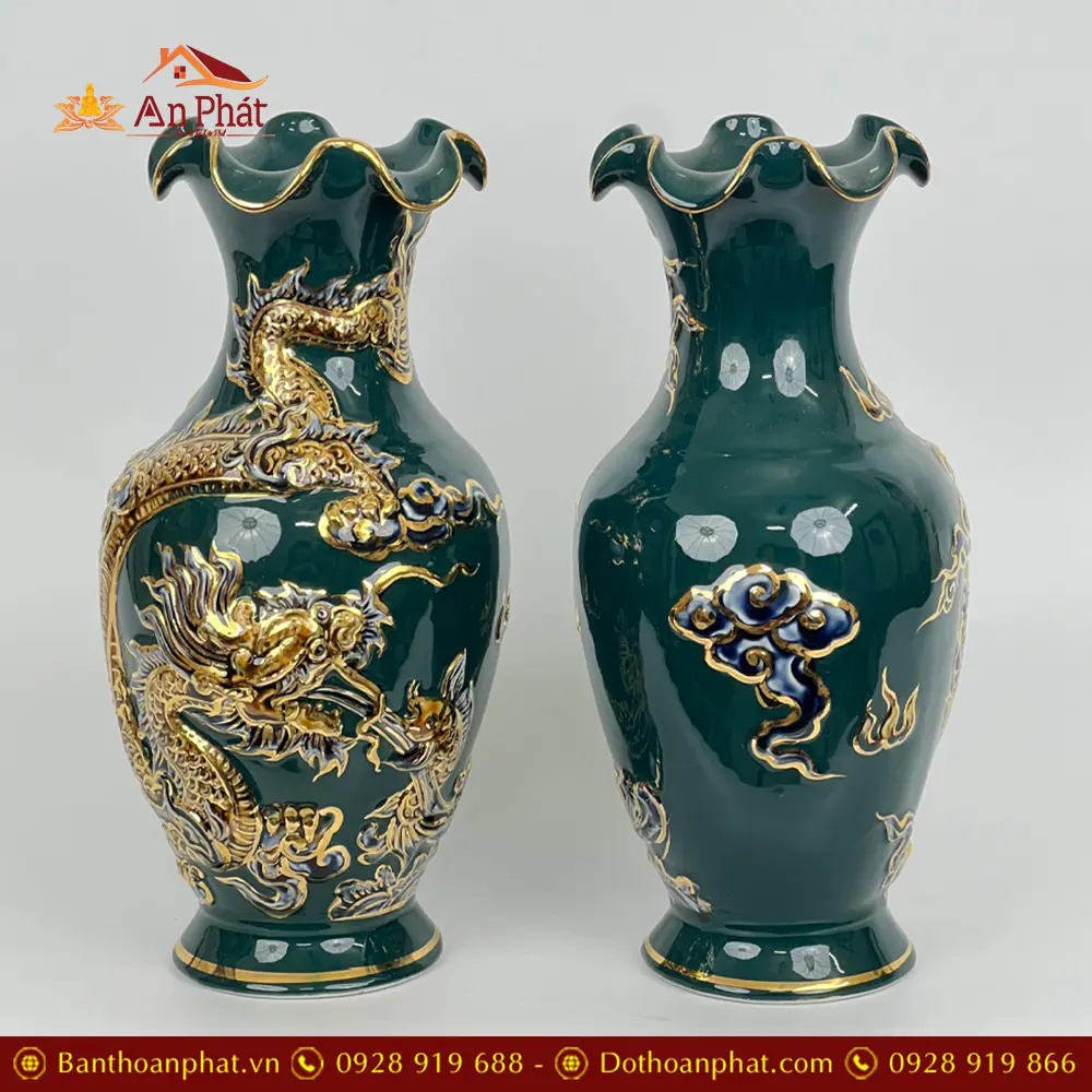 Lọ Hoa Đắp Nổi Rồng Xanh Vẽ Vàng Gốm Bát Tràng DT658 5 Lọ Hoa Đắp Nổi Rồng Xanh Vẽ Vàng Gốm Bát Tràng DT658