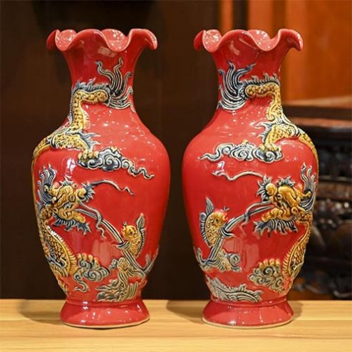 Lọ Hoa Miệng Lượn Đỏ Đắp Nổi Rồng Bát Tràng DT714