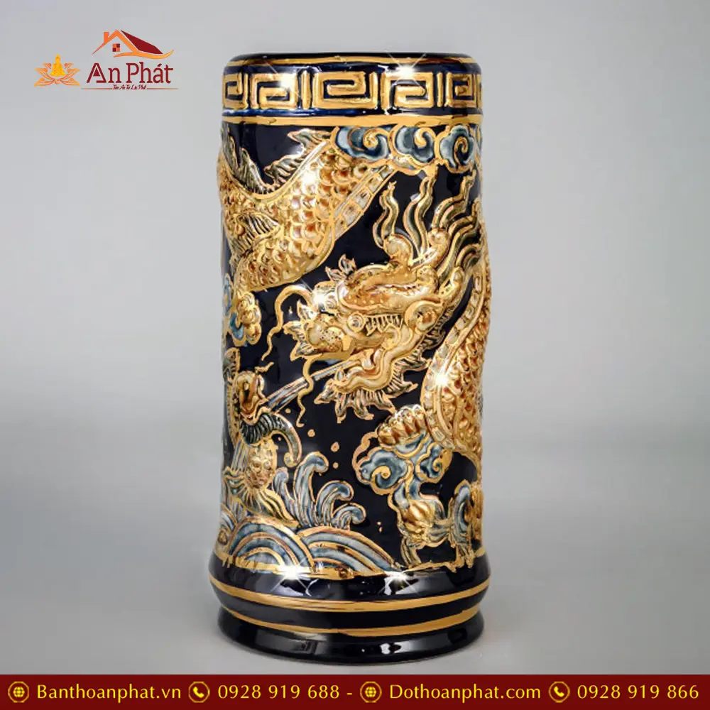 Ống Đựng Hương Bát Tràng Xanh CoBan Đắp Nổi Vẽ Vàng DT834 5 Ống Đựng Hương Bát Tràng Xanh CoBan Đắp Nổi Vẽ Vàng DT834