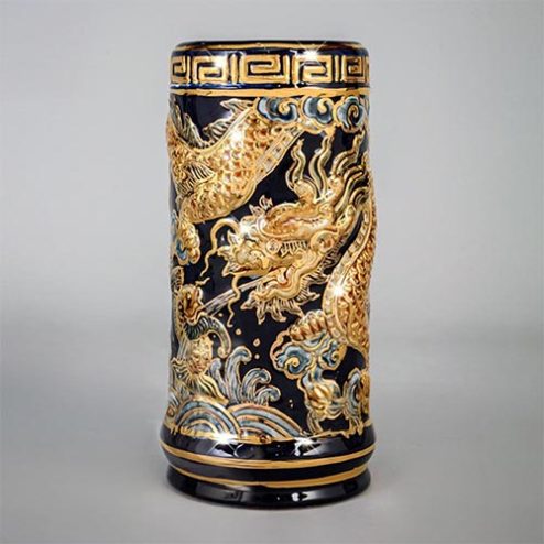 Ống Đựng Hương Bát Tràng Xanh CoBan Đắp Nổi Vẽ Vàng DT834