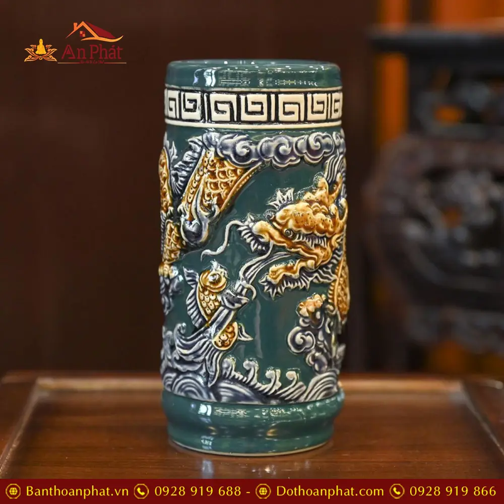 Ống Hương Bát Tràng Men Màu Xanh Đắp Nổi DT814 7 Ống Hương Bát Tràng Men Màu Xanh Đắp Nổi DT814