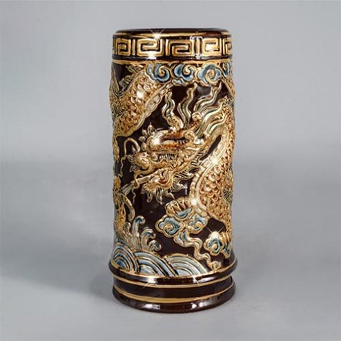 Ống Hương Cao Cấp Men Nâu Đắp Nổi Vẽ Vàng DT833