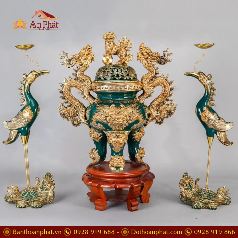 Bộ Đỉnh Hạc Gốm Sứ Bát Tràng Men Màu Xanh Đắp Nổi Vẽ Vàng DT908 3 Bộ Đỉnh Hạc Gốm Sứ Bát Tràng Men Màu Xanh Đắp Nổi Vẽ Vàng DT908
