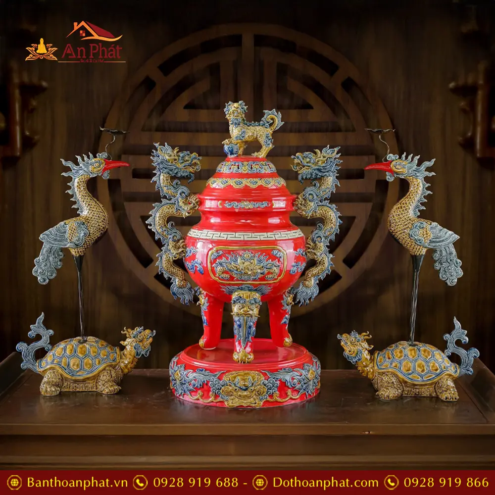 Bộ Đỉnh Hạc Men Màu Đỏ Đắp Nổi Bát Tràng DT897 3 Bộ Đỉnh Hạc Men Màu Đỏ Đắp Nổi Bát Tràng DT897