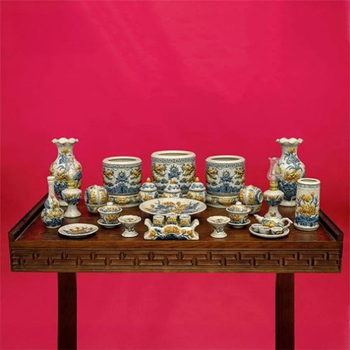 Bộ Đồ Thờ 3 Bát Hương Gốm Sứ Bát Tràng Men Rạn Đắp Nổi BDT121