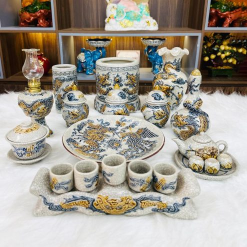 Bộ Đồ Thờ Bát Tràng Men Rạn Đắp Nổi Rồng BDT113