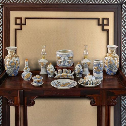 Bộ Đồ Thờ Bát Tràng Men Rạn Đắp Nổi Rồng BDT116