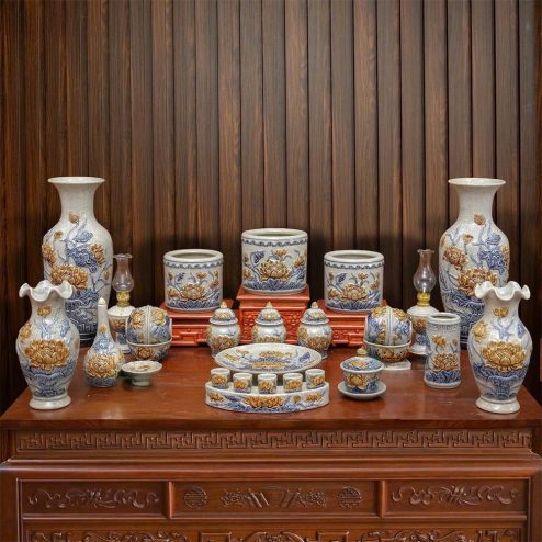 Bộ Đồ Thờ Gia Tiên Hoa Sen Gốm Sứ Bát Tràng BDT132