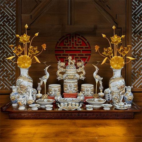 Bộ Đồ Thờ Gia Tiên Vẽ Vàng Cao Cấp Men Rạn Đắp Nổi BDT144