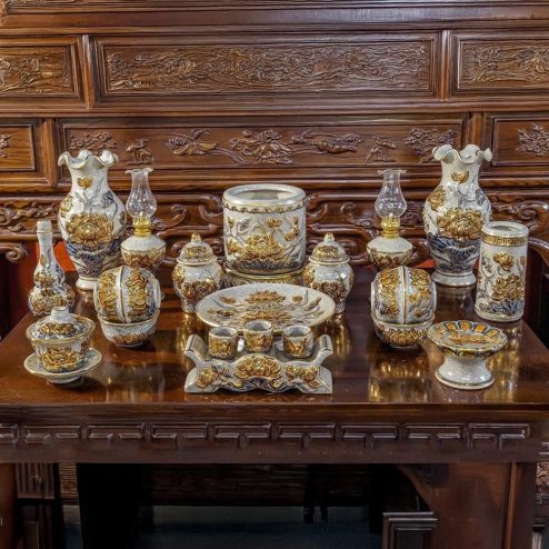 Bộ Đồ Thờ Hoa Sen Đắp Nổi Vẽ Vàng Cao Cấp Bát Tràng BDT148