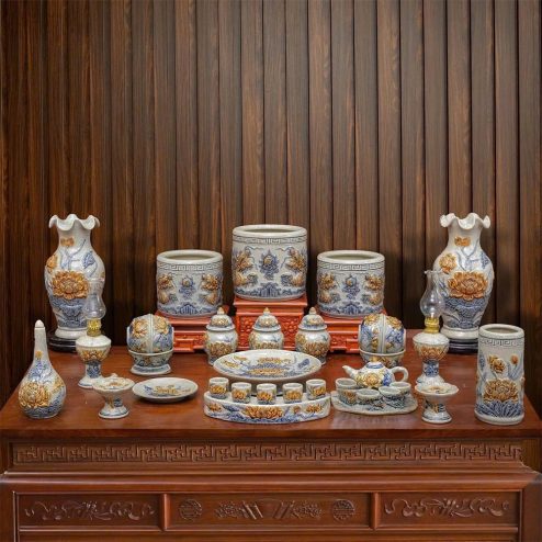 Bộ Đồ Thờ Hoa Sen Men Rạn Bát Tràng Đắp Nổi BDT128