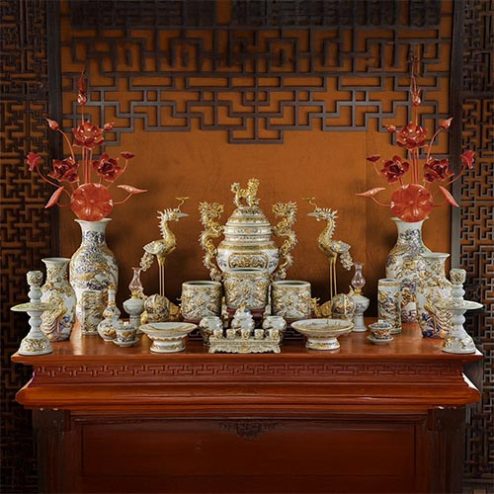 Bộ Đồ Thờ Thần Linh Gia Tiên Đủ Đồ Thờ Vẽ Vàng Cao Cấp BDT151
