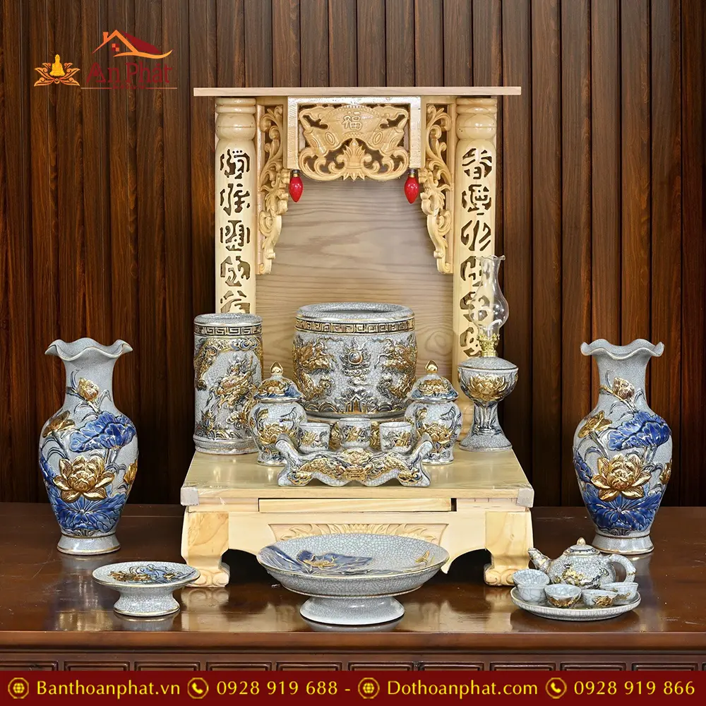 Bộ Đồ Thờ Thần Tài Men Rạn Vẽ Vàng Đắp Nổi Cao Cấp BDT146 3 Bộ Đồ Thờ Thần Tài Men Rạn Vẽ Vàng Đắp Nổi Cao Cấp BDT146