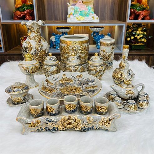 Bộ Đồ Thờ Vẽ Vàng Cao Cấp Men Rạn Đắp Nổi Bát Tràng BDT141